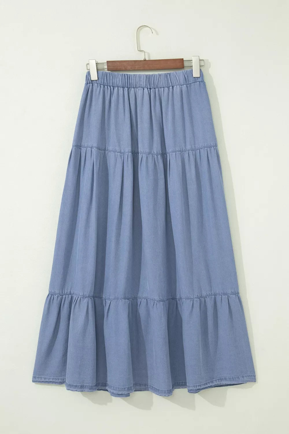 Trendsi Elastic Waist Ruffled Tiered Flared Denim Maxi Skirt -