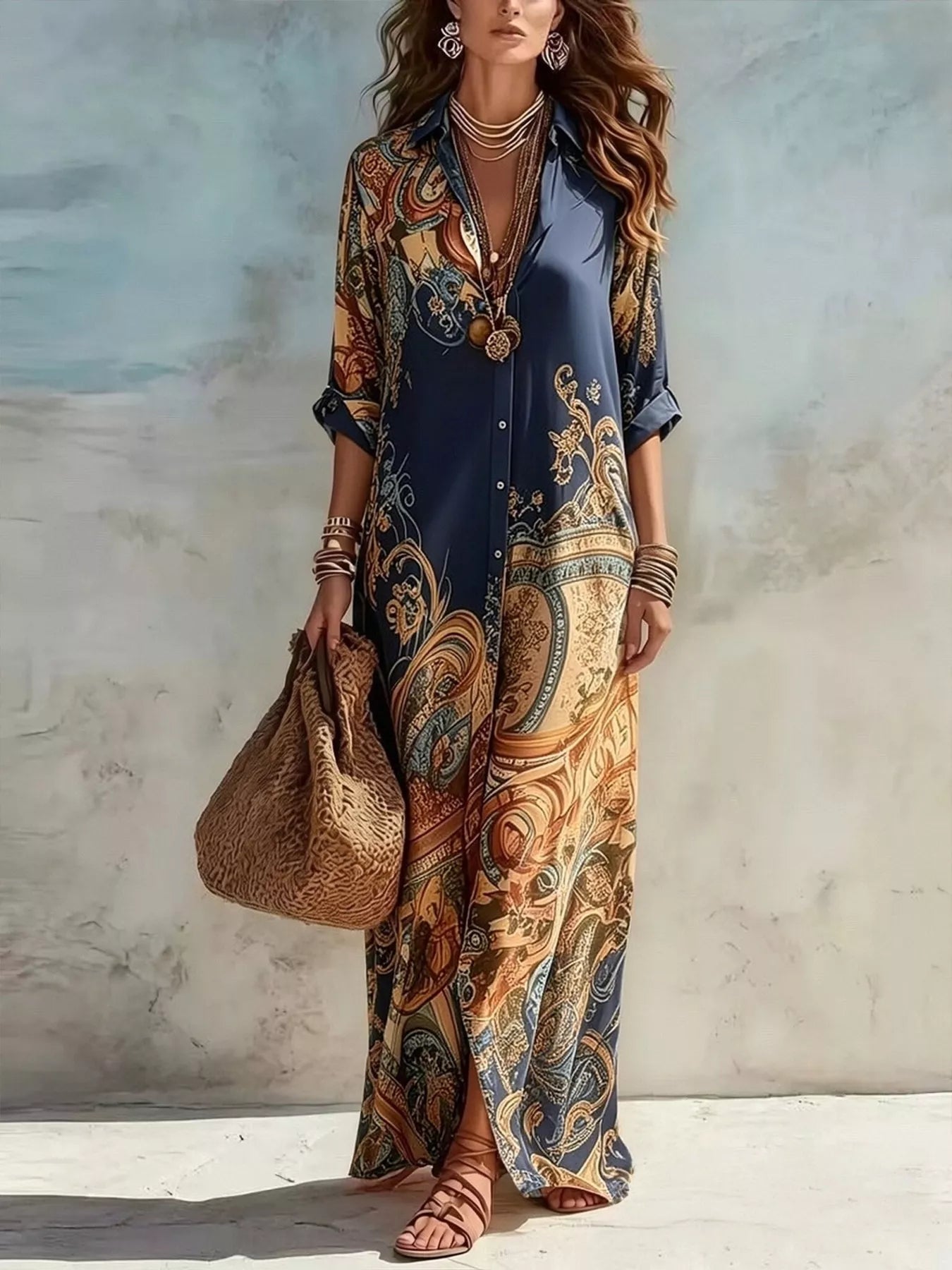 Trendsi Full Size Printed Button Down Roll-Up Sleeve Shirt Maxi Dress Plus Size -