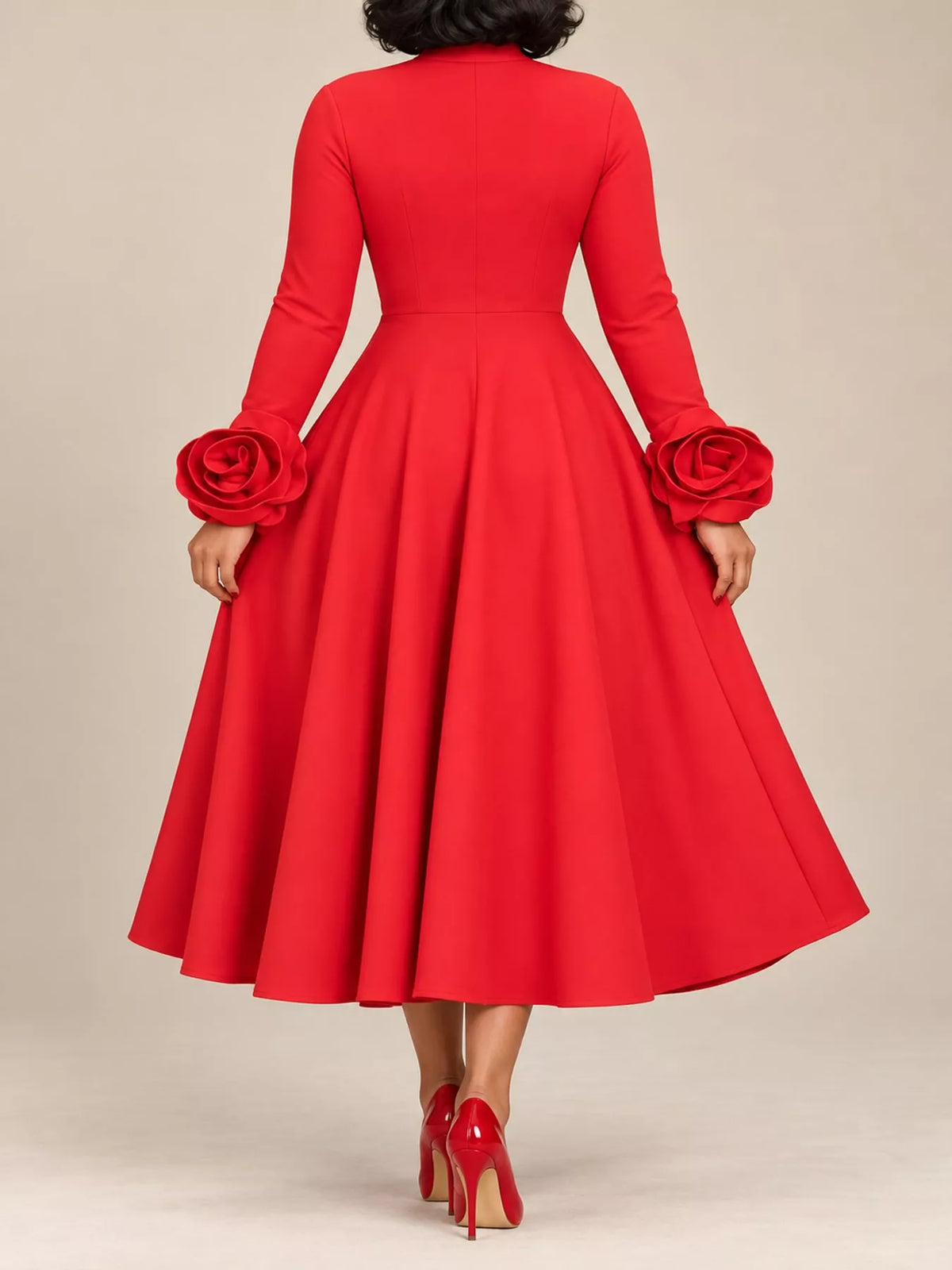 Mock neck long sleeve midi dress, back view