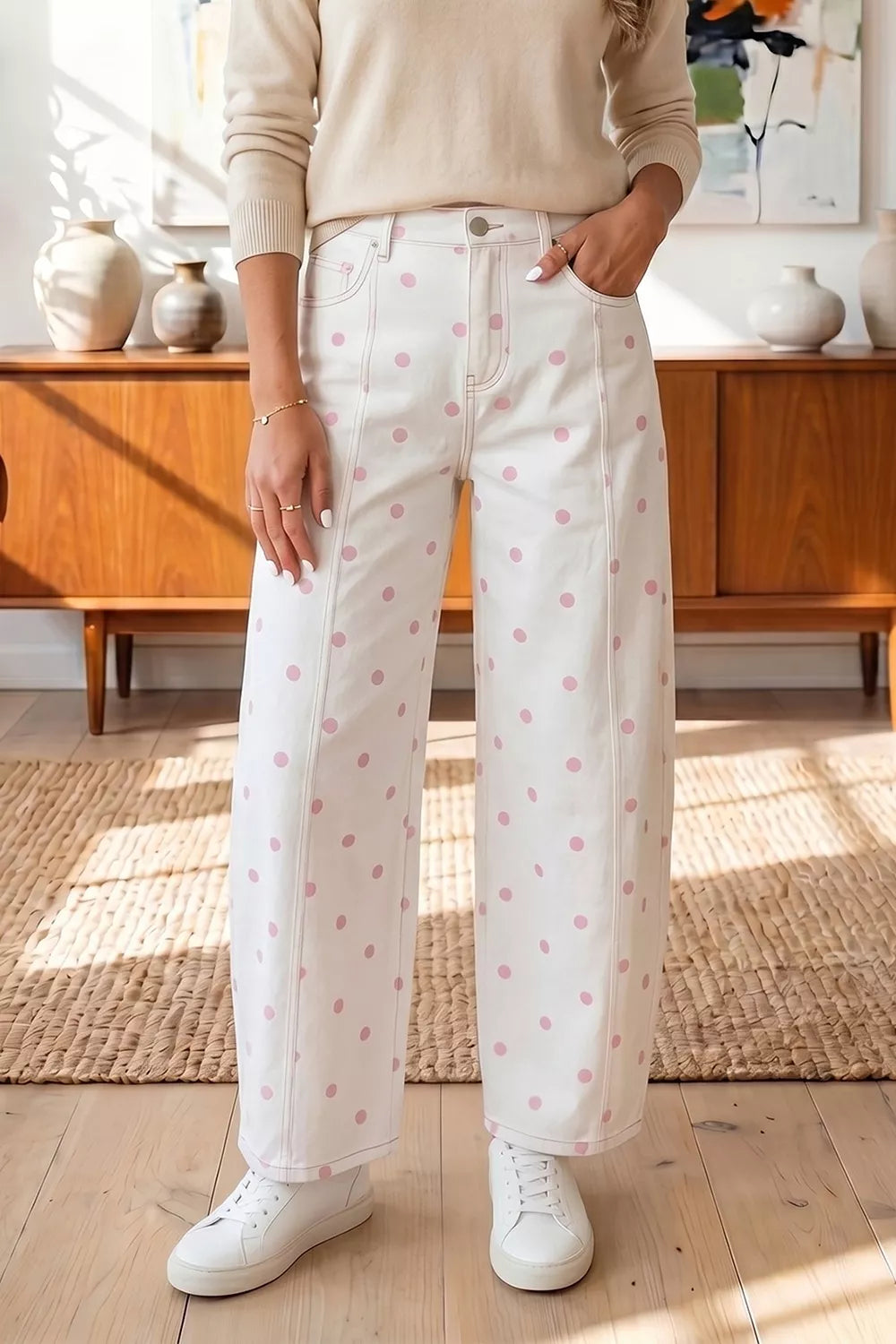 White with pink dots polka-dot cropped jeans, front view