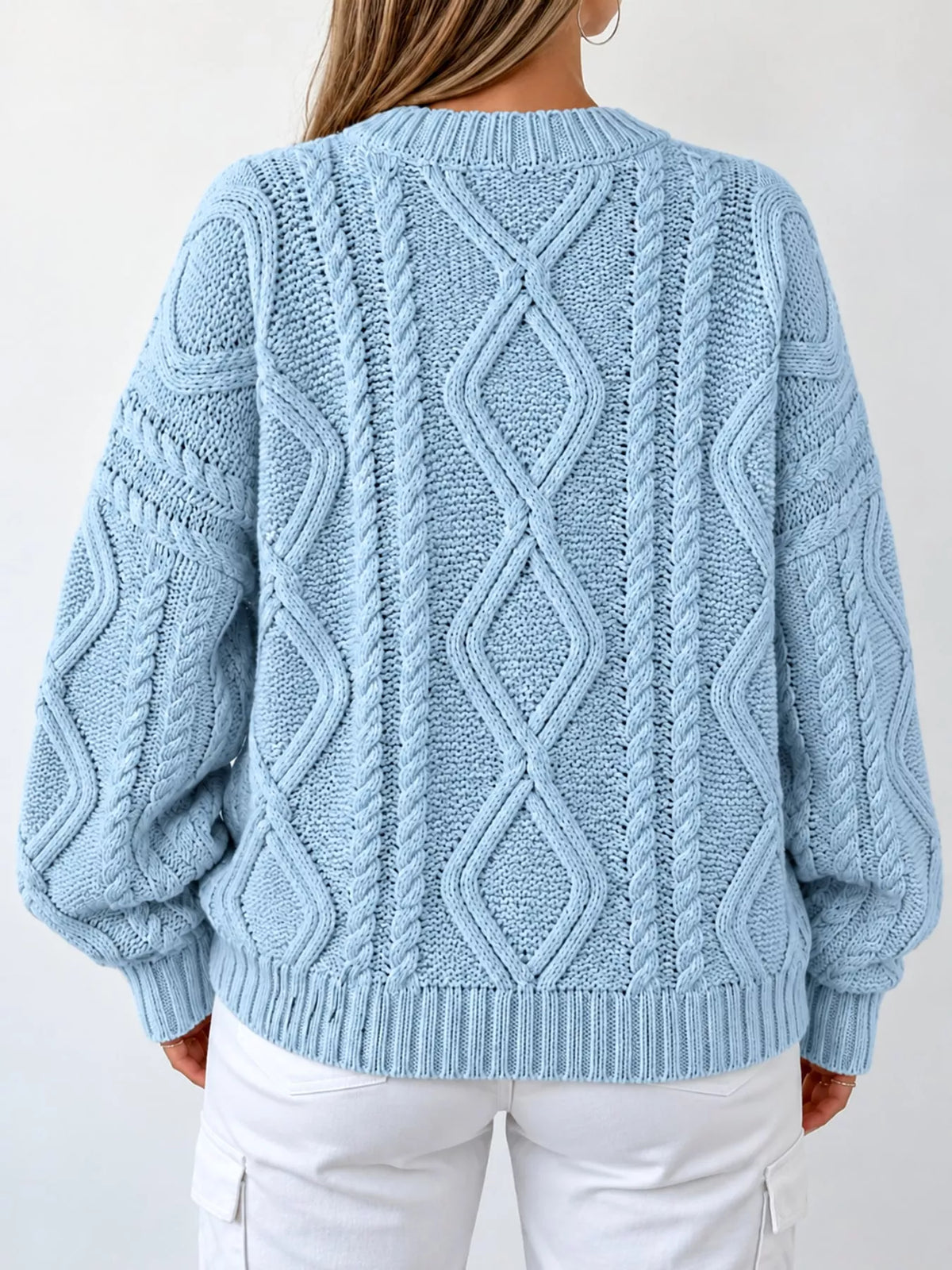 Blue cable-knit round neck sweater