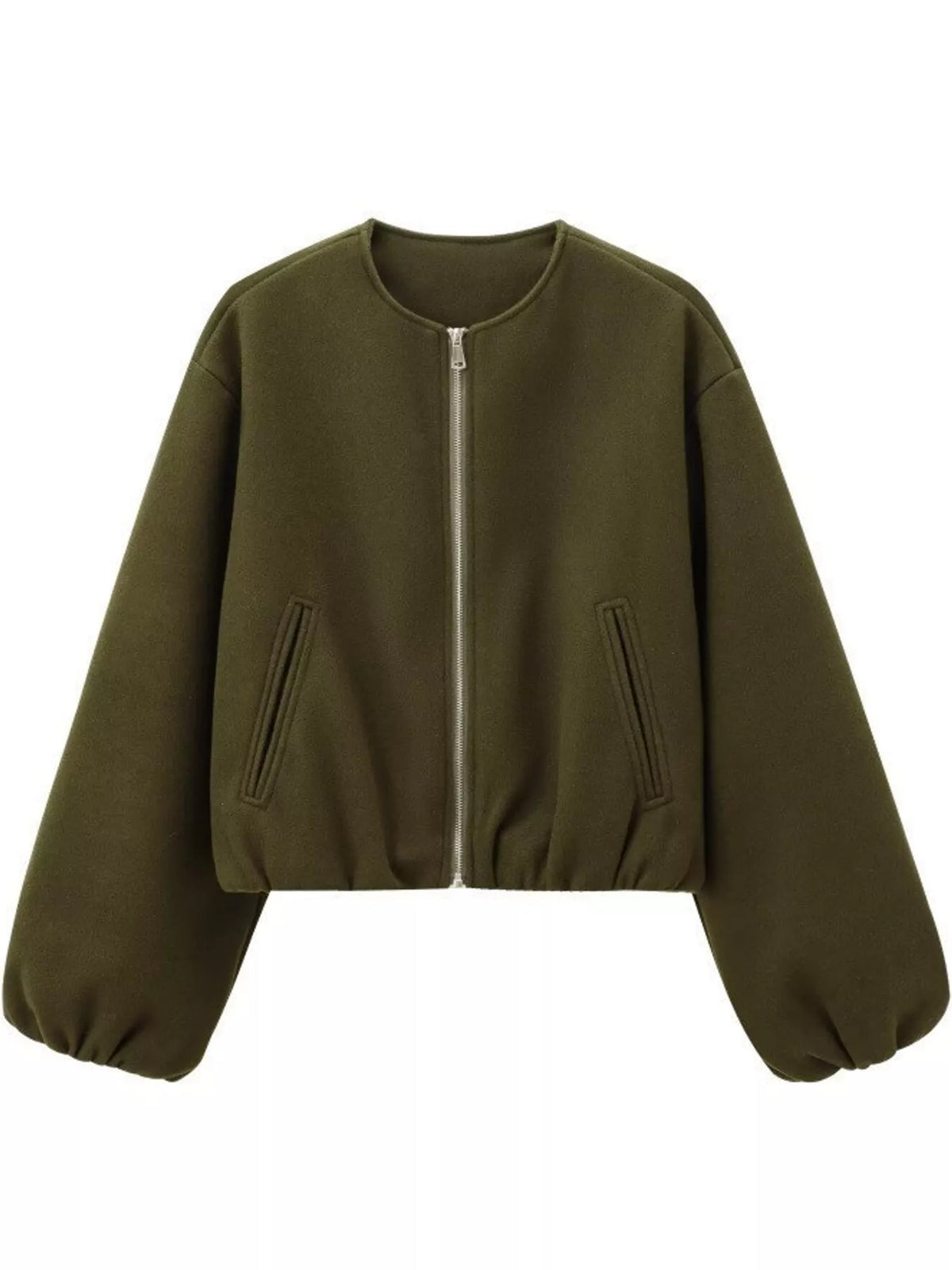Olive zip-up long sleeve jacket — front view
