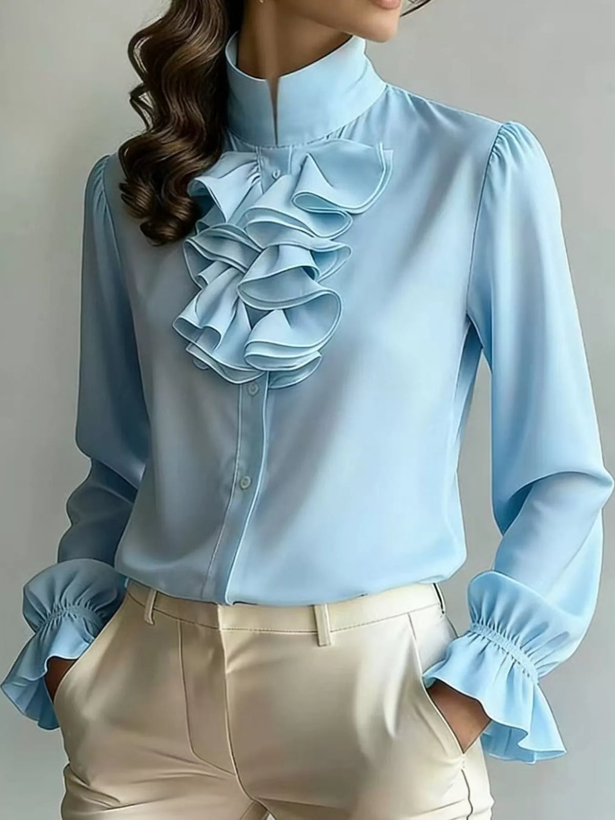 Ruffled Stand-Collar Blouse with Long Lantern Sleeves, front view