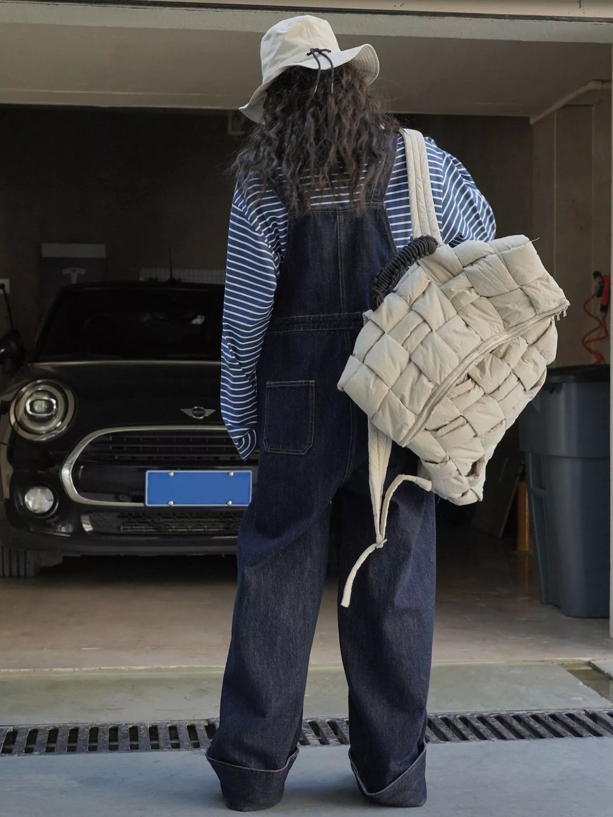 Women's Vintage Dark Wash Wide-Leg Denim Overalls in dark blue — back view