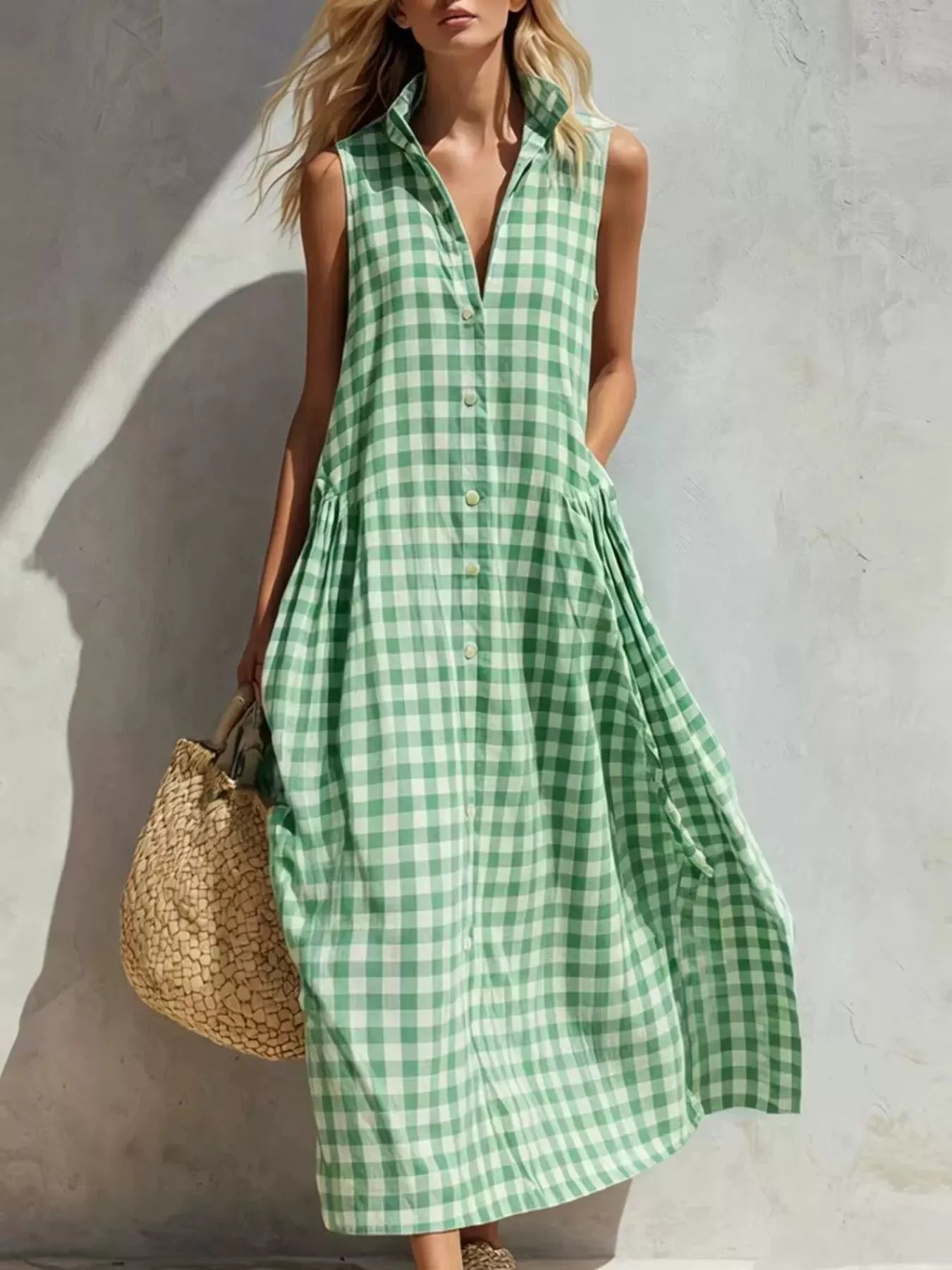 Trendsi Full Size Sleeveless Gingham Button-Down Midi Dress Plus Size -