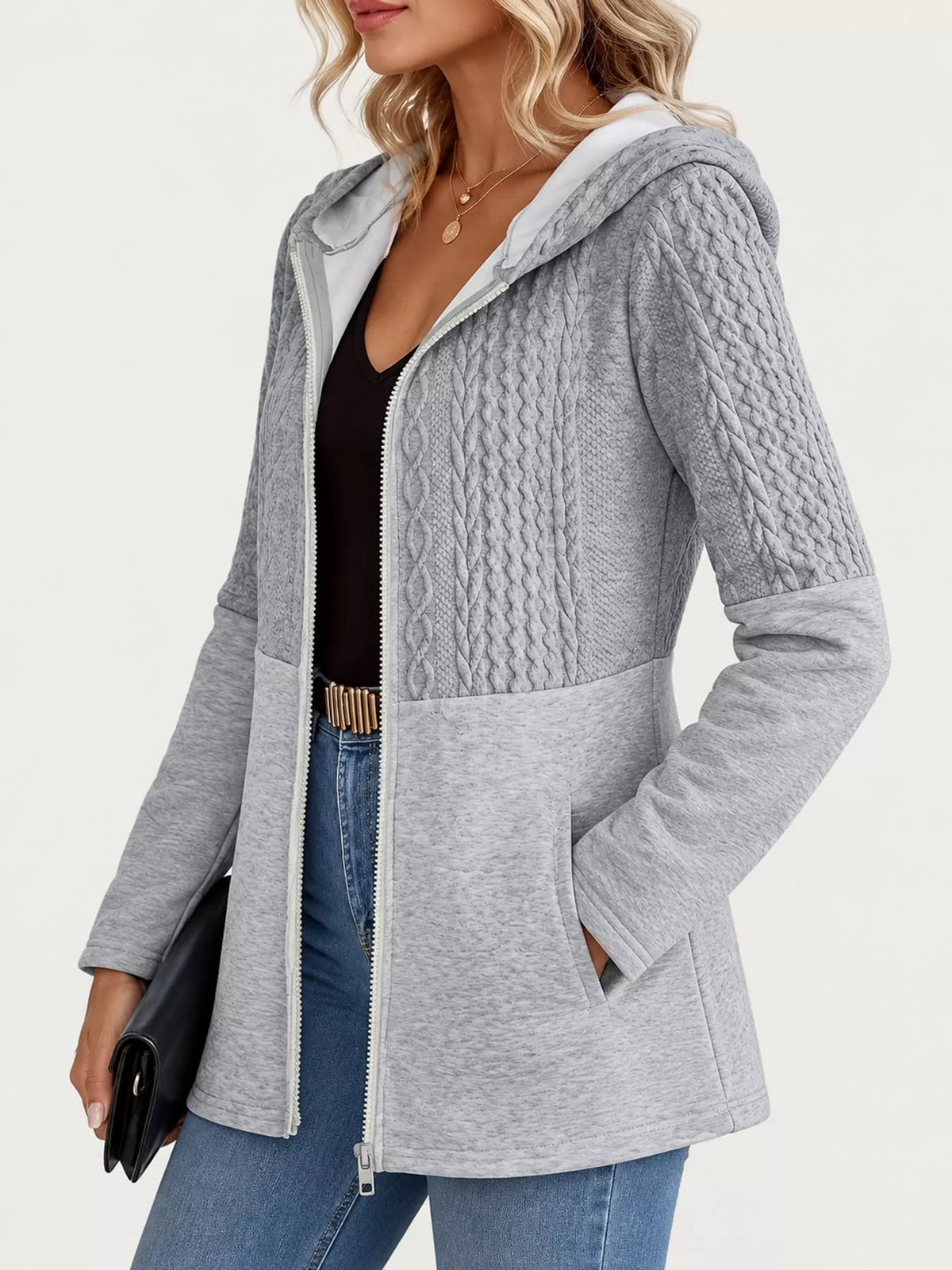 Textured hooded jacket, gray side