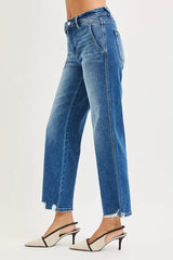 Trendsi RISEN High Rise Ankle Straight Distressed Hem Detail Jeans -