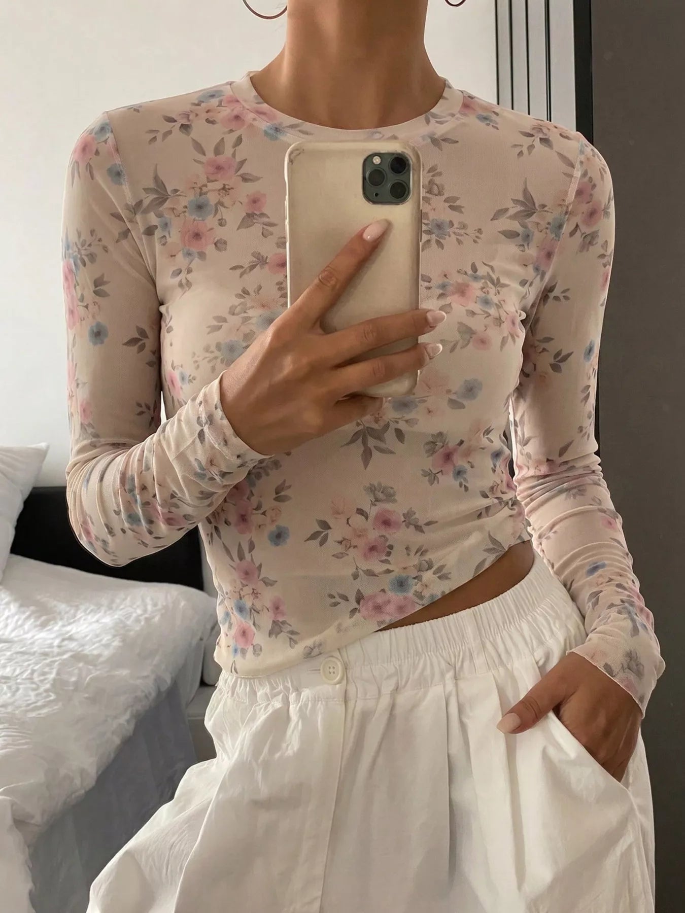 Trendsi Sheer Floral Print Long Sleeve T-Shirt -