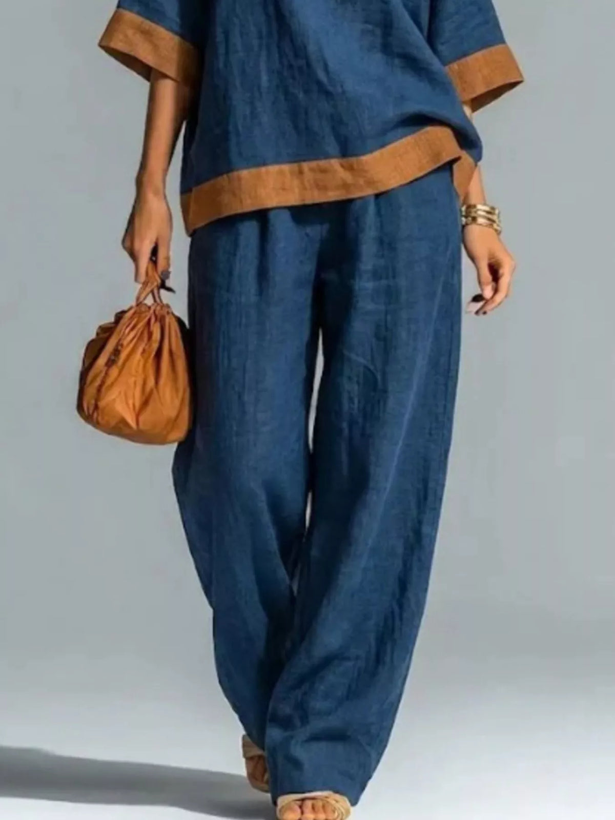 Trendsi Full Size Contrast Trim Top and Wide Leg Pants Set Plus Size -