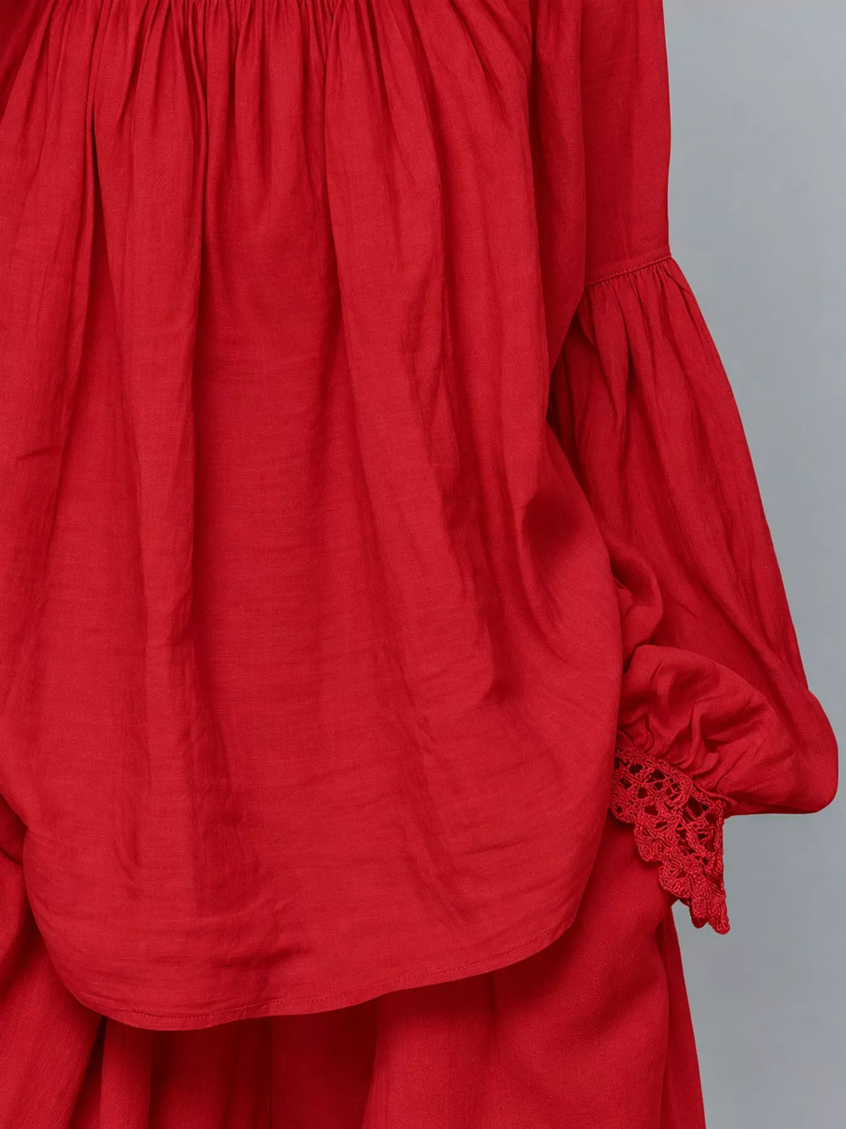 Red lace mock neck long sleeve blouse, detail view