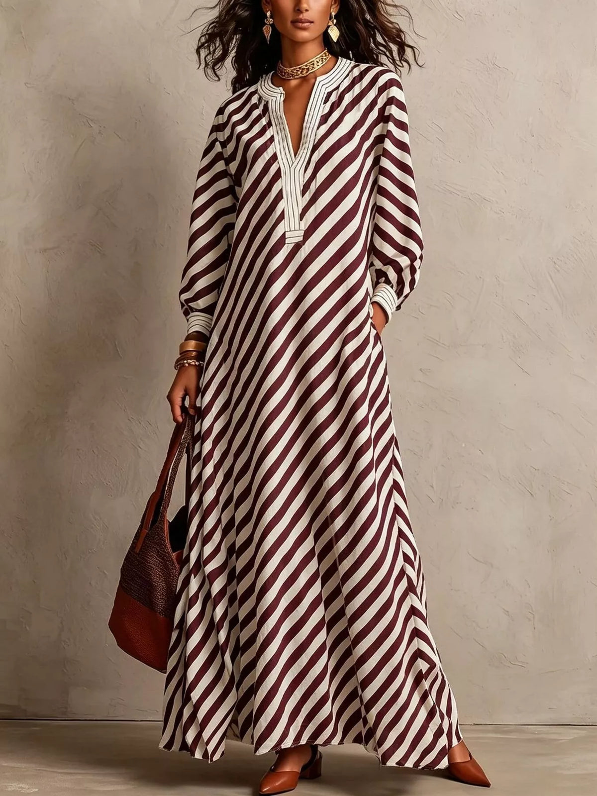 Striped Long Sleeves Maxi Dress in burgundy, front view