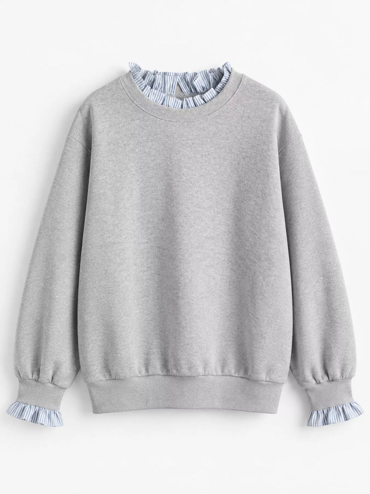Light Gray crewneck sweatshirt with striped ruffle cuffs