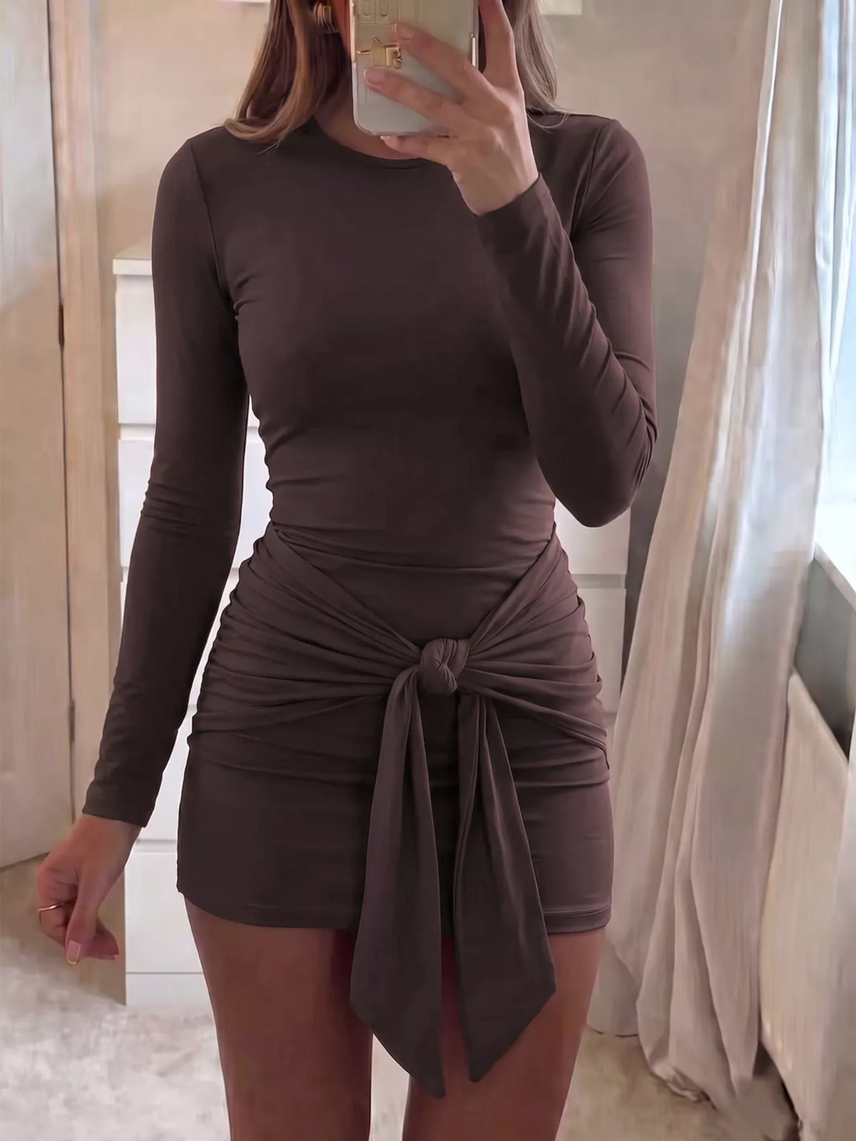 Brown ruched tie-front bodycon mini dress