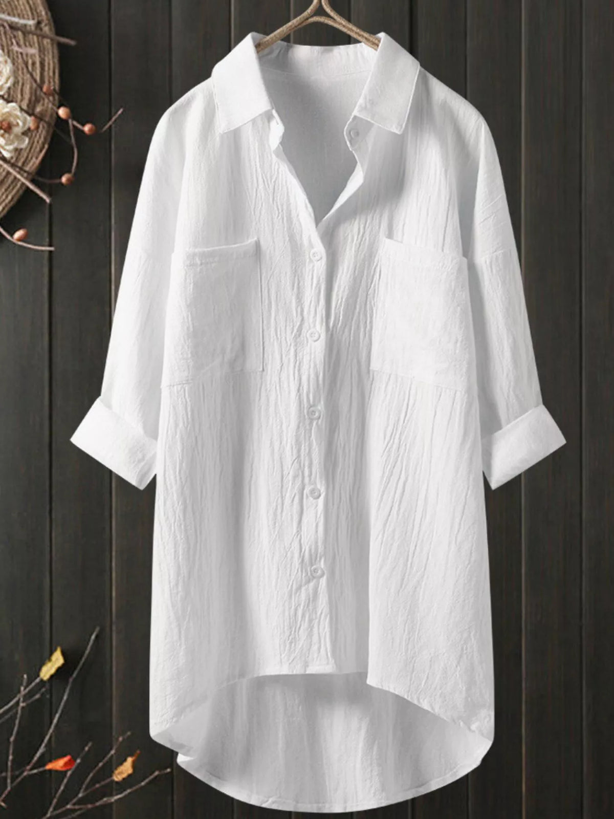 Cotton chest-pocket shirt, white front in natural light