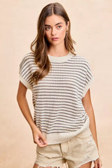 Trendsi BiBi Pointelle Stripes Sleeveless Drop Shoulder Lightweight Sweater Top -