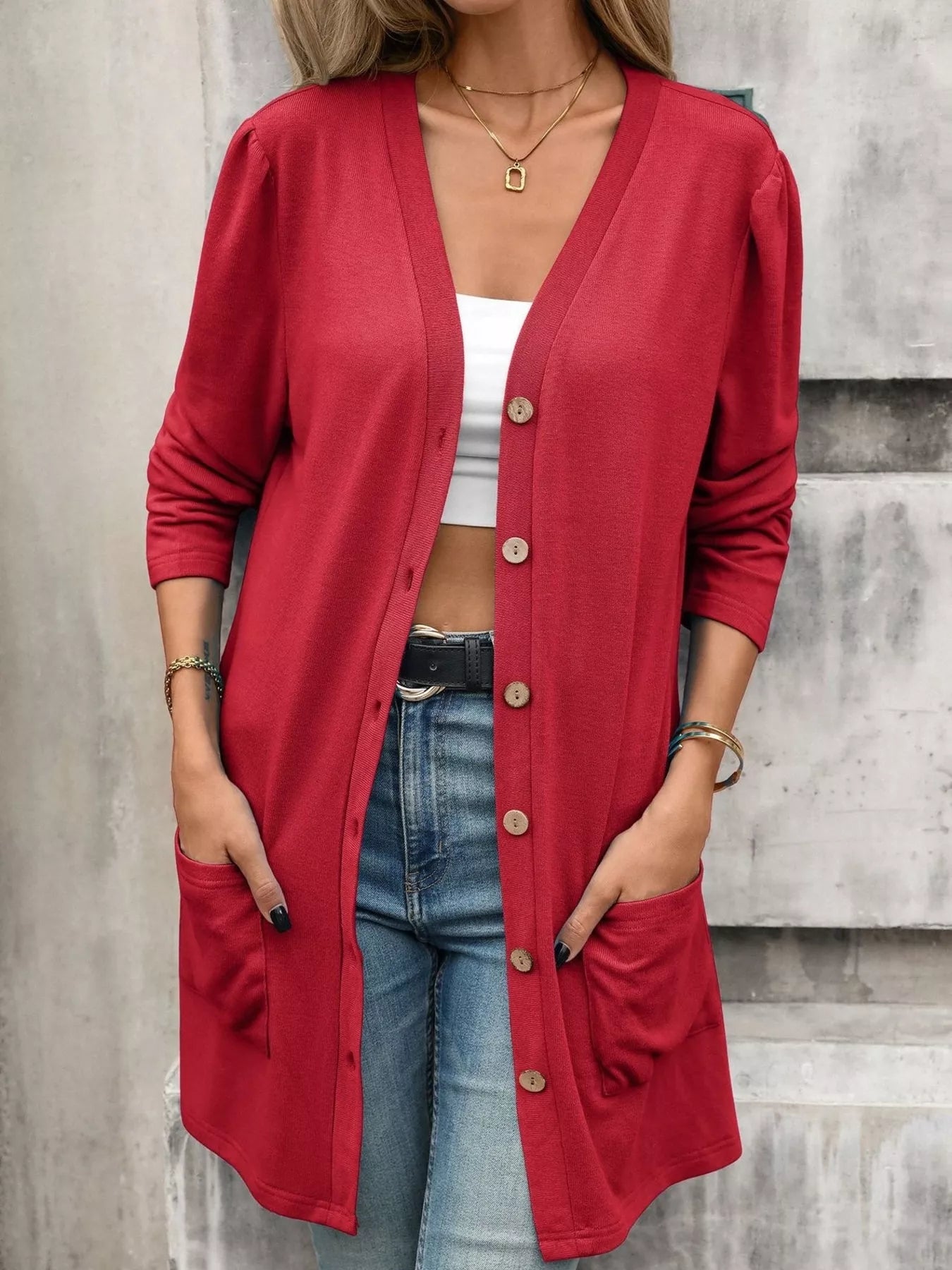 Trendsi V-Neck Button-Up Long Sleeve Cardigan with Pockets -