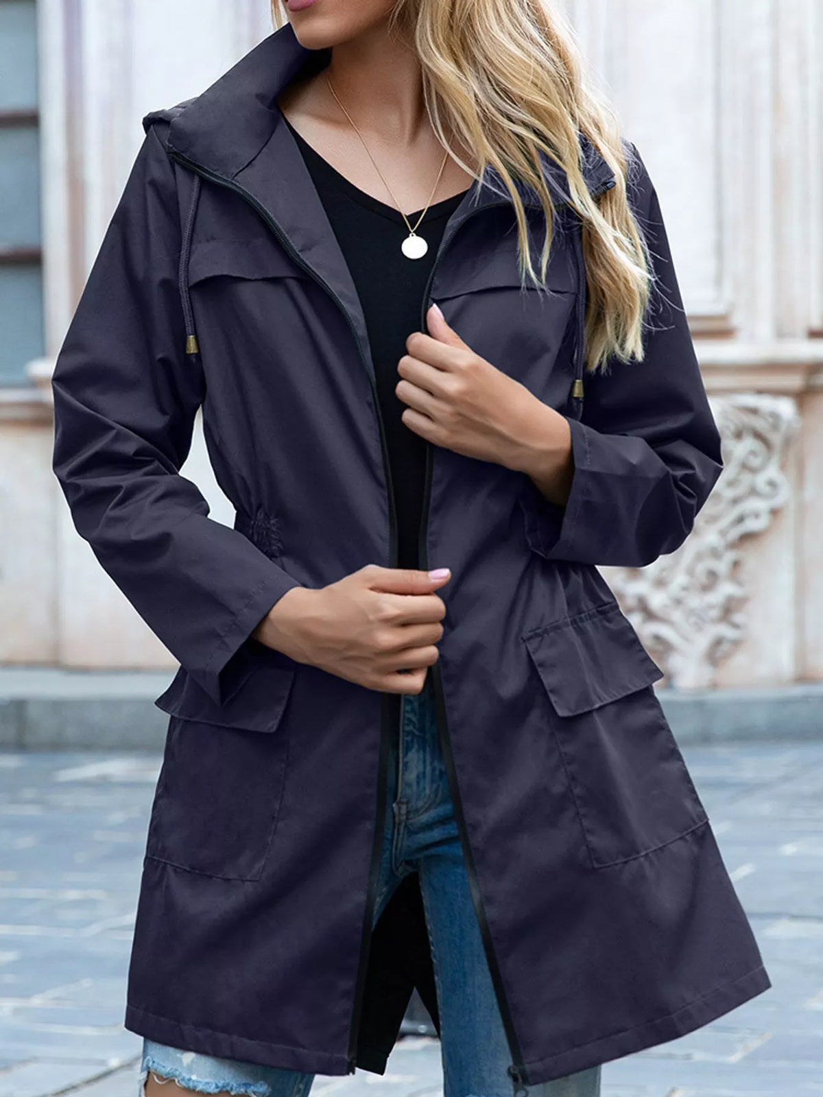 Women's Zip Up Drawstring Waist Hooded Jacket in navy — front view