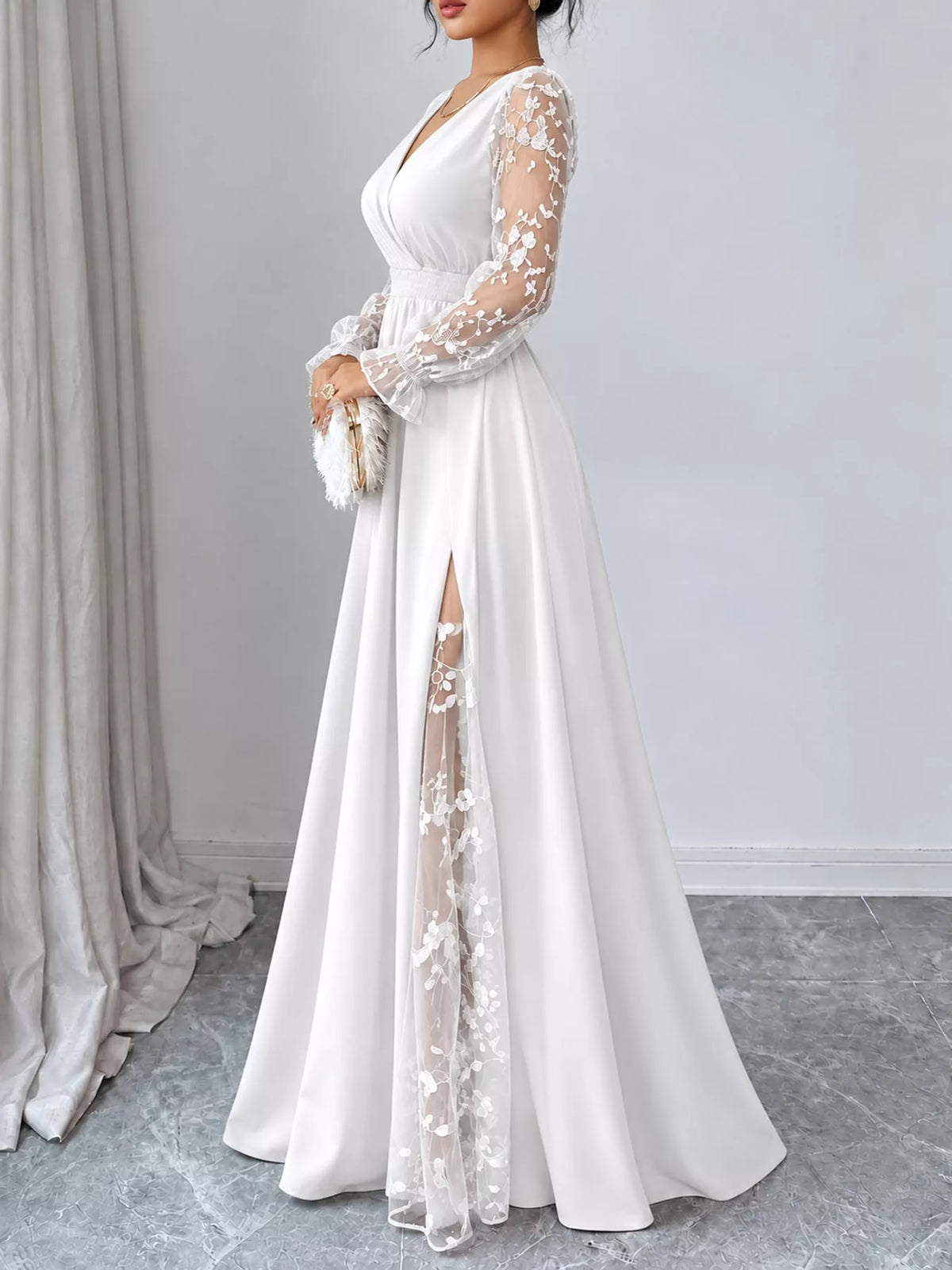 V-neck long sleeve maxi dress, side view