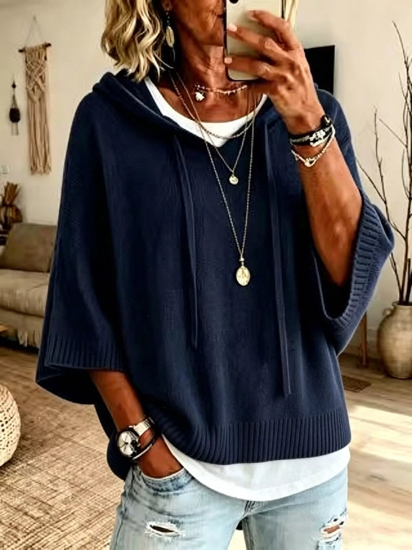 Trendsi Full Size Casual Hooded Batwing Sleeve Knit Sweater Plus Size -