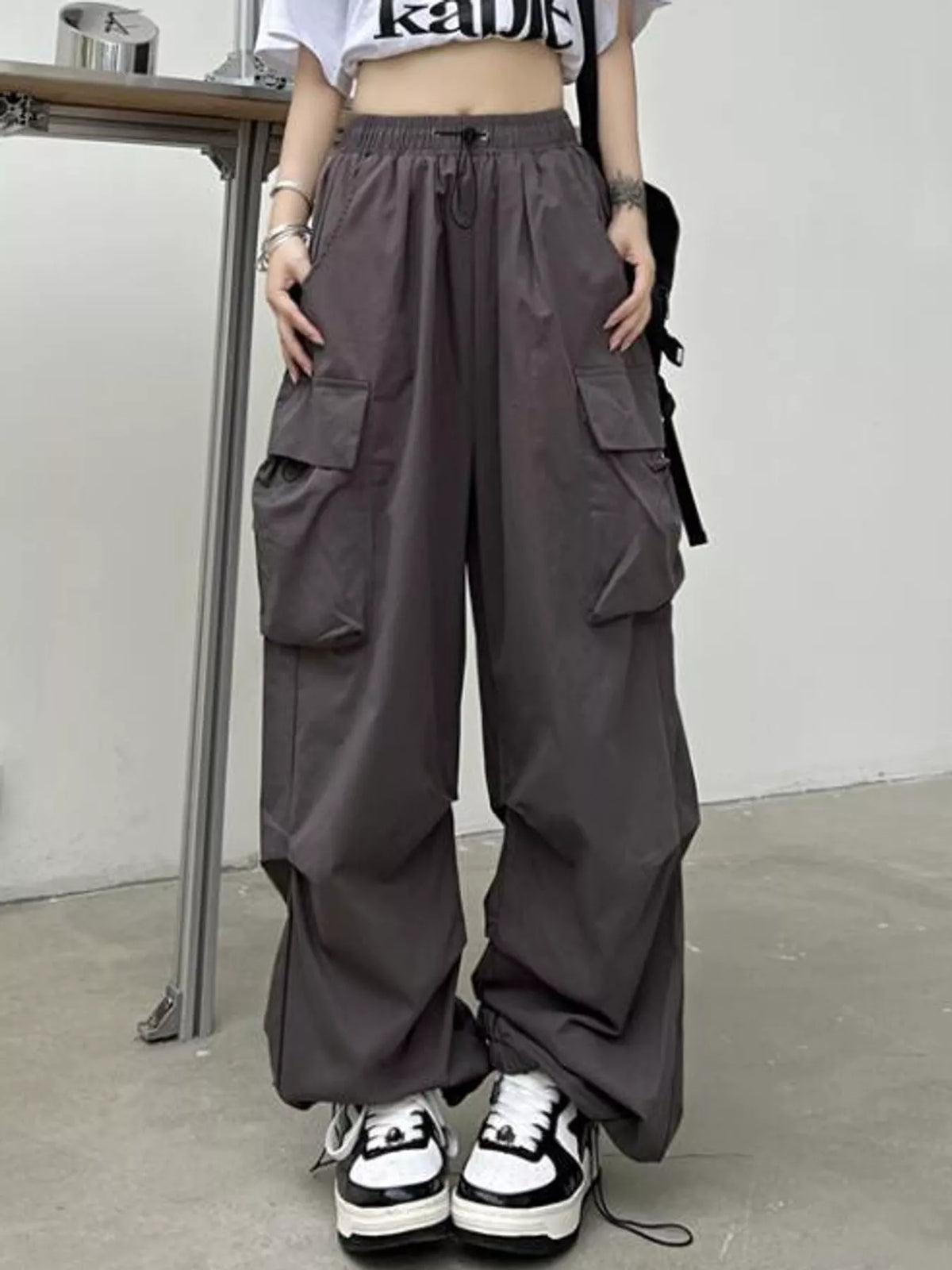 Drawstring Wide-Leg Cargo Pants — front view