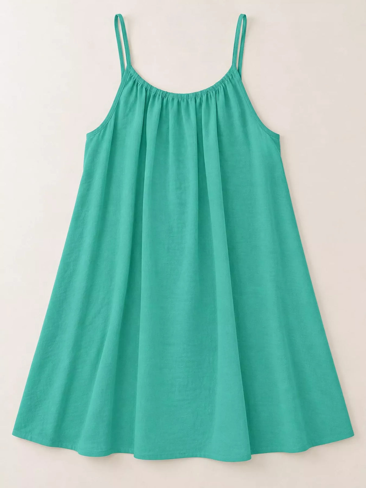 Teal spaghetti strap A-line mini dress with open tie back