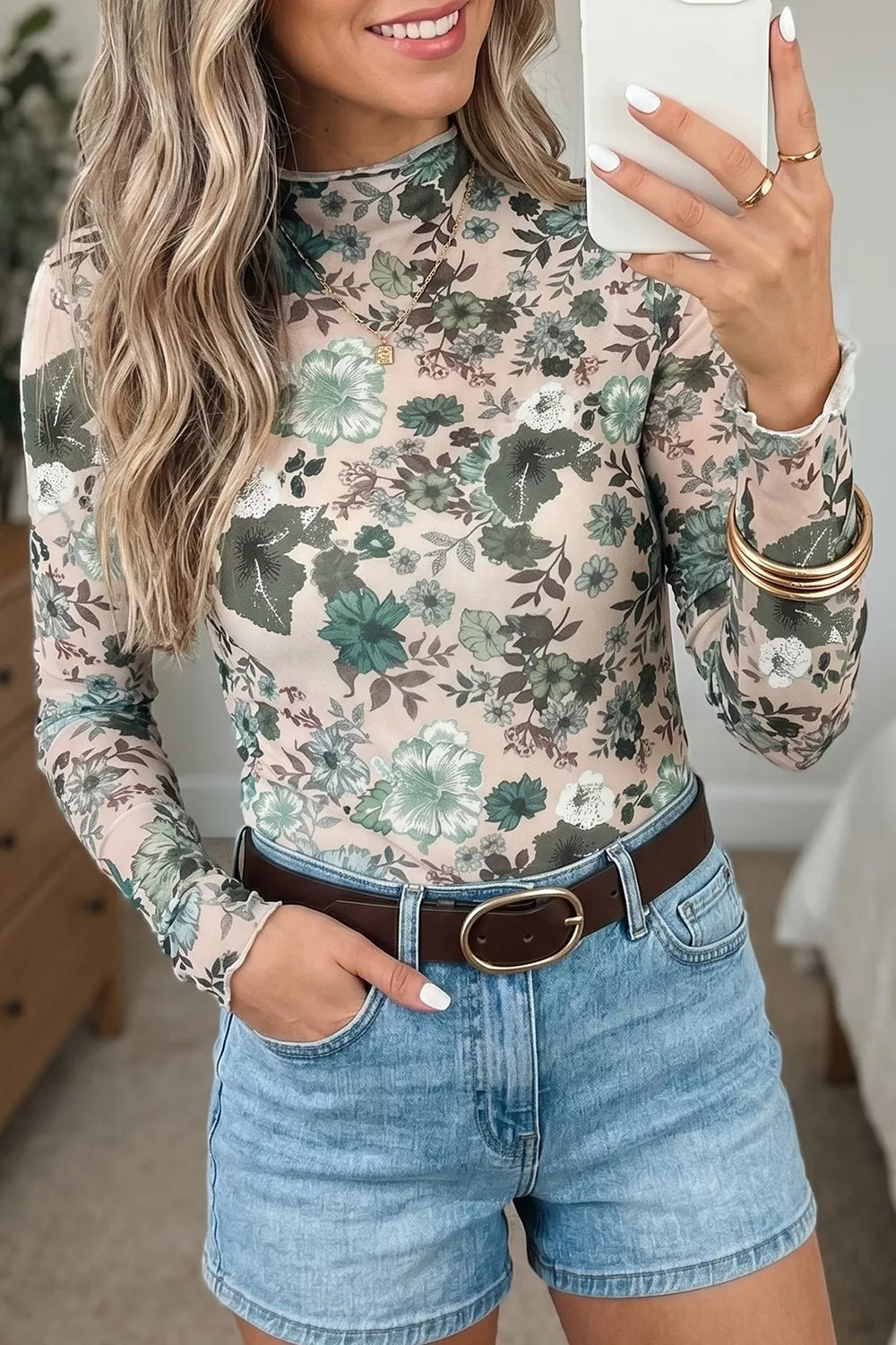 Trendsi Floral Print Mesh Mock Neck Long Sleeve Top -