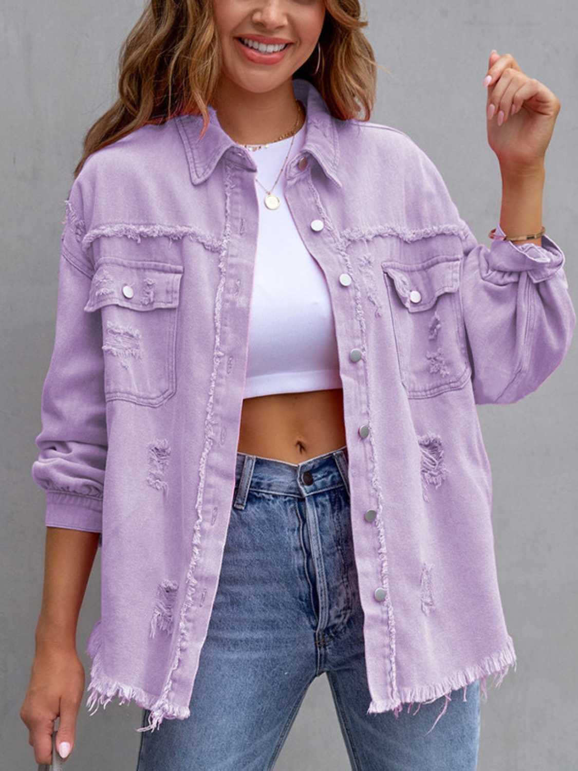 Trendsi Distressed Drop Shoulder Denim Jacket -