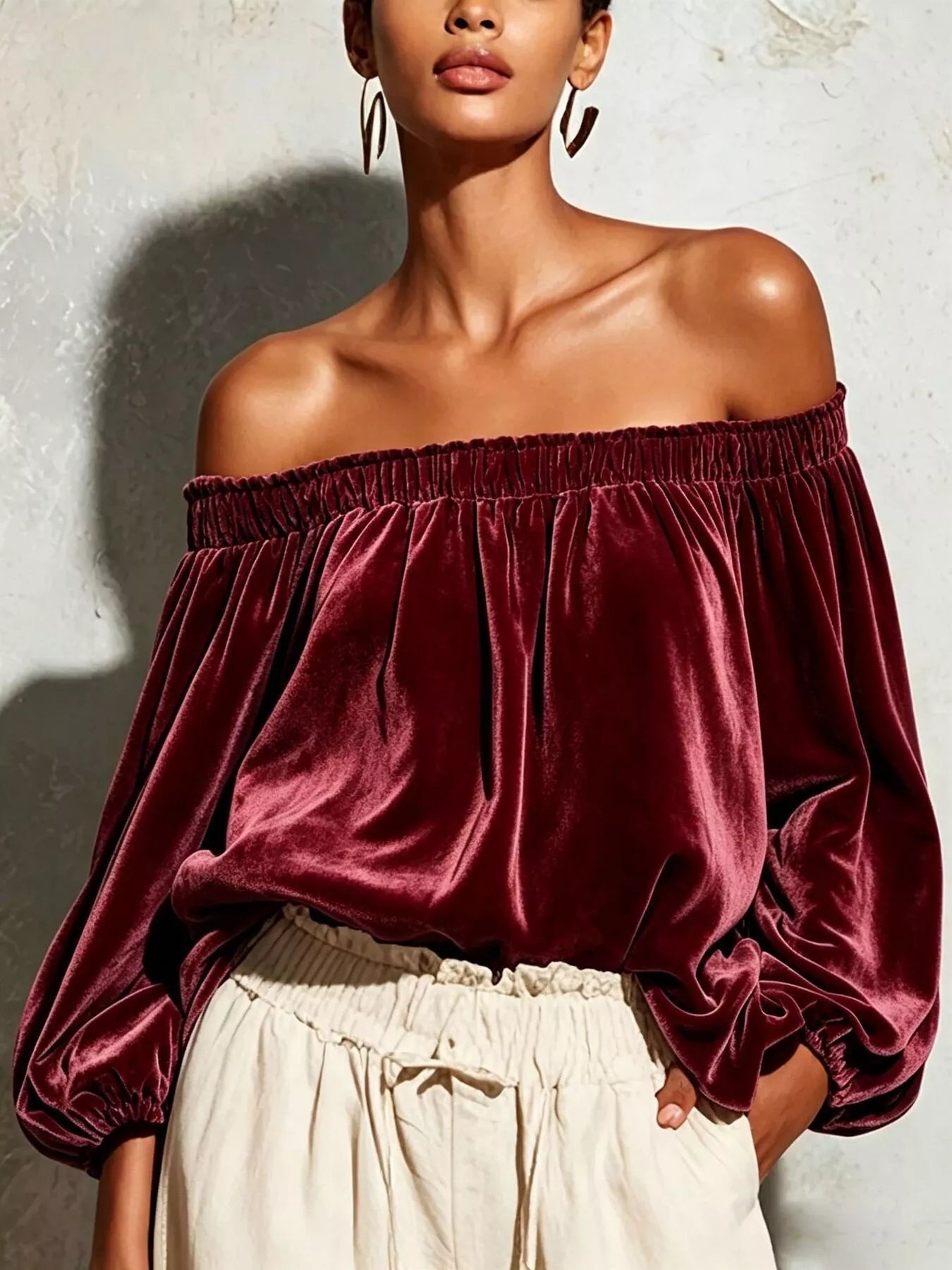 Trendsi Off-Shoulder Velvet Long Sleeve T-Shirt -