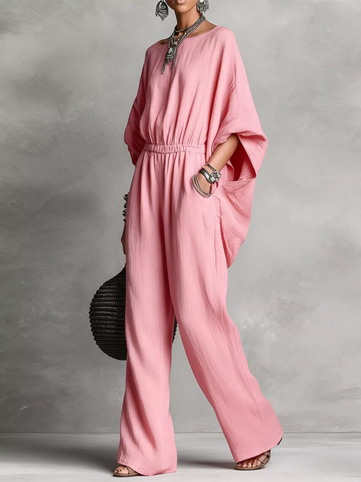 Boat-neck batwing-sleeve wide-leg jumpsuit