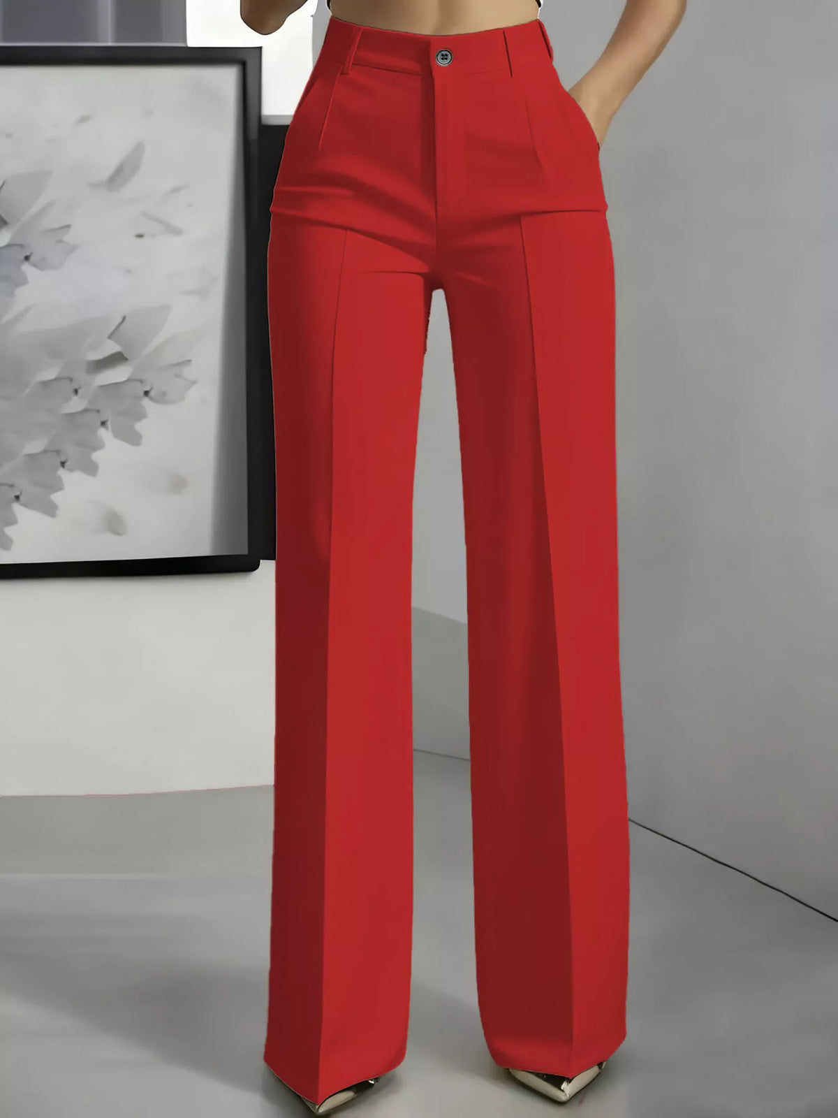 Red high-waisted wide-leg pants, front view