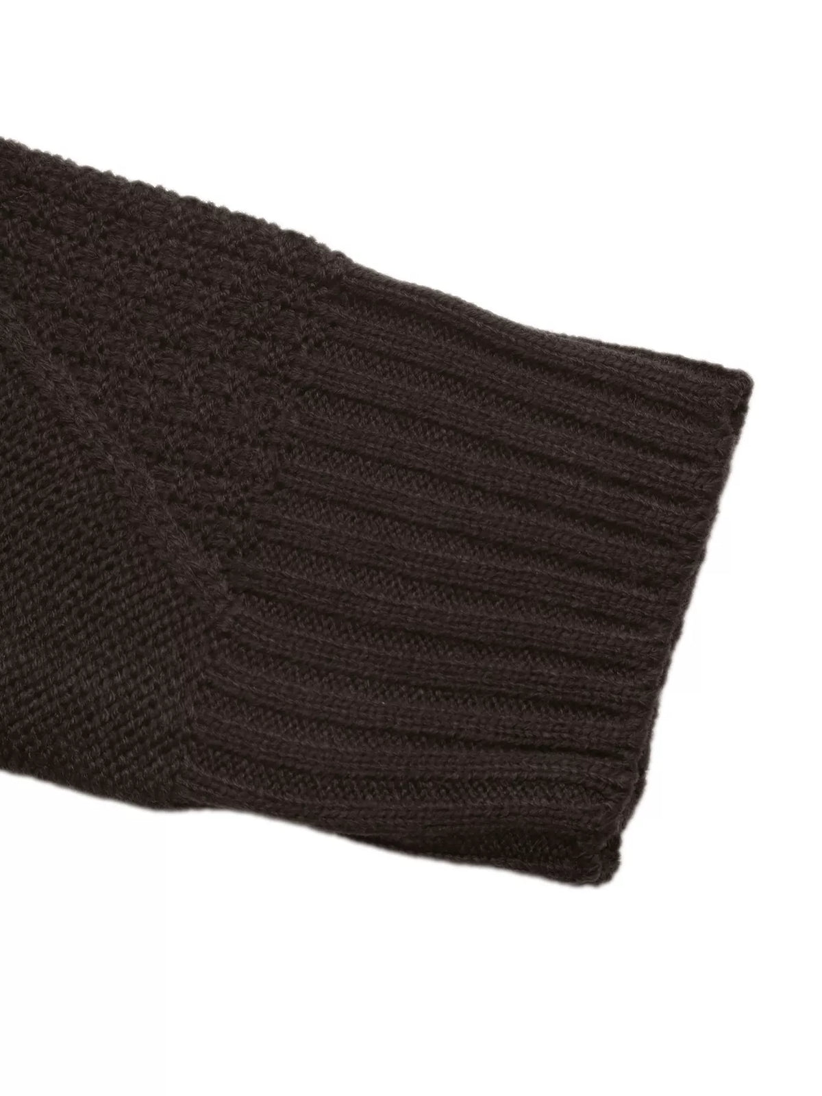 Brown V-neck cable knit cardigan, ribbed cuff detail
