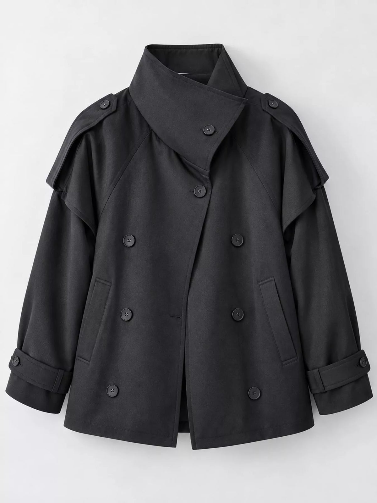 Black double-breasted cropped trench jacket, front product view