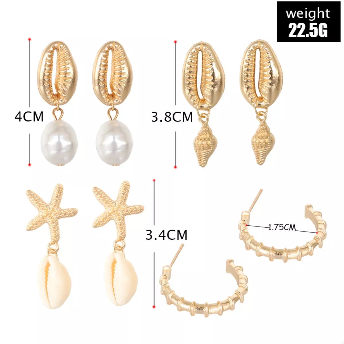 Trendsi 4 Pair 18K Gold-Plated Shell Minimalist Earrings -