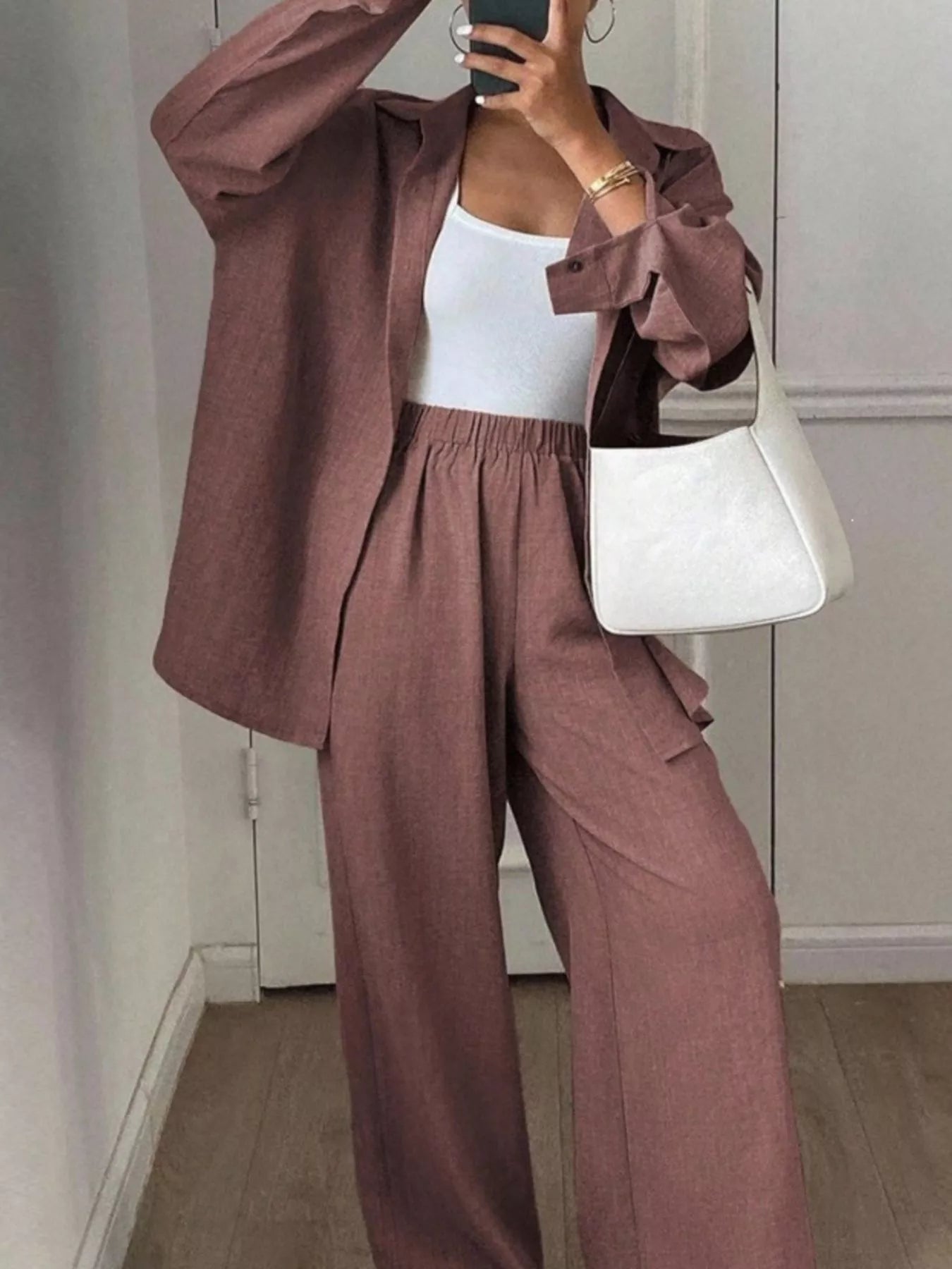 Trendsi Button Up Long Sleeve Shirt and Wide Leg Pants Set -