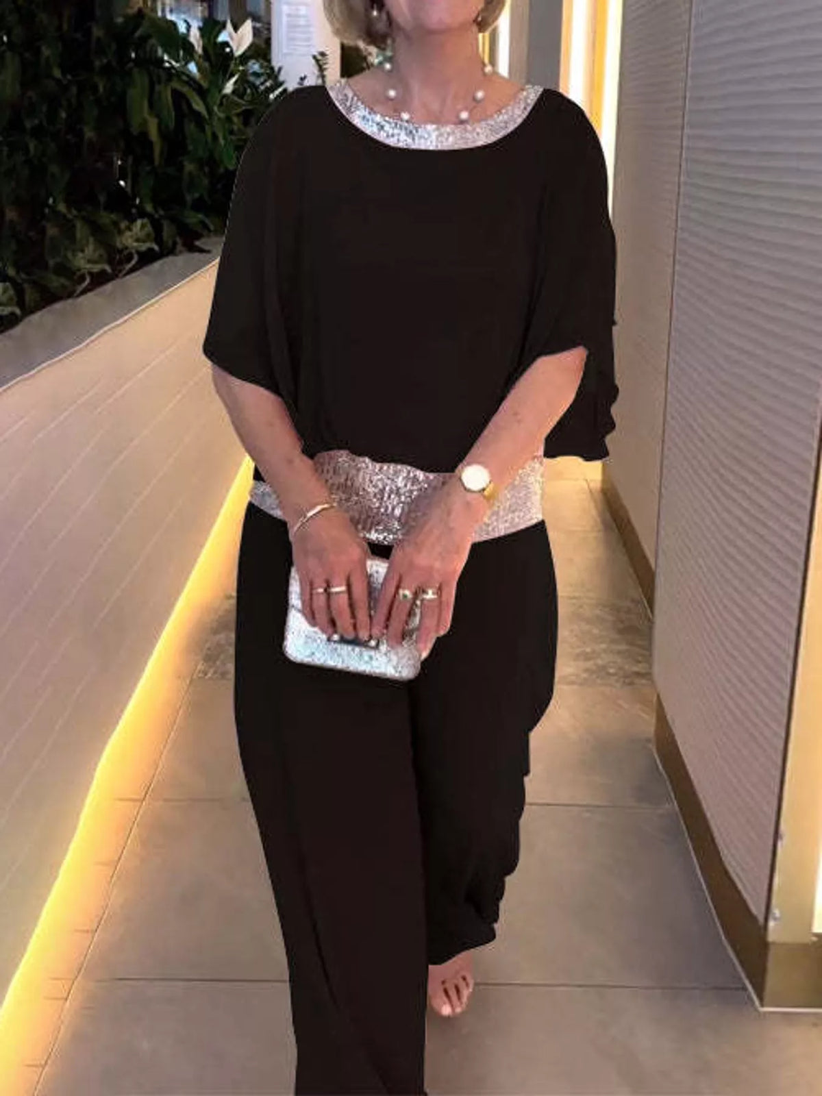 Chiffon Top and Wide-Leg Pants Set — front view