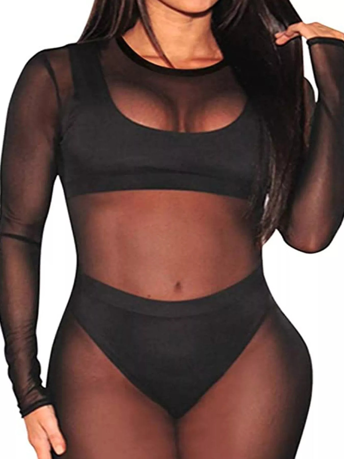 Round neck long sleeve mini top, front view on model