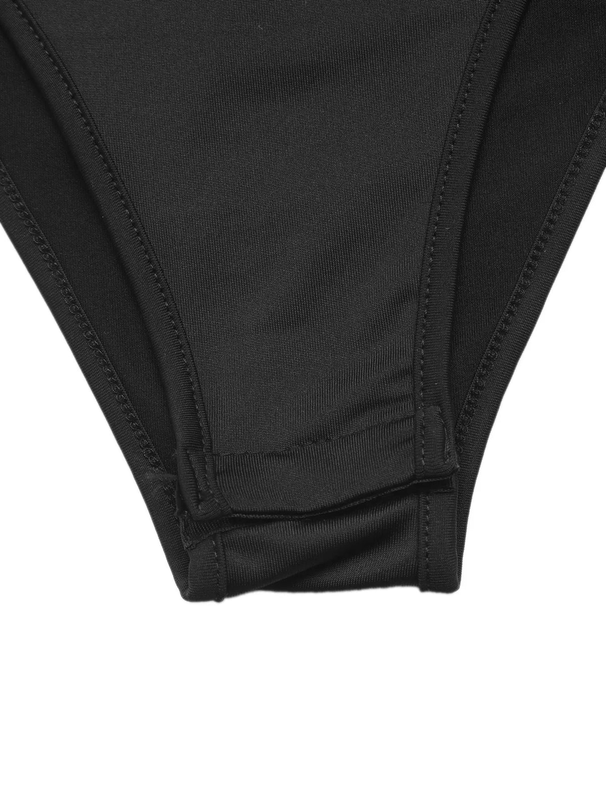 Black lace-sleeve draped bodysuit, bottom detail