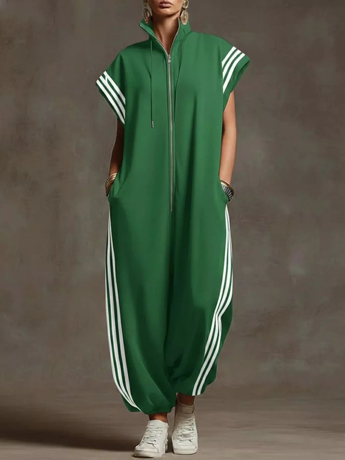 Trendsi Full Size Side Stripe Zip-Front Wide Leg Jumpsuit Plus Size -