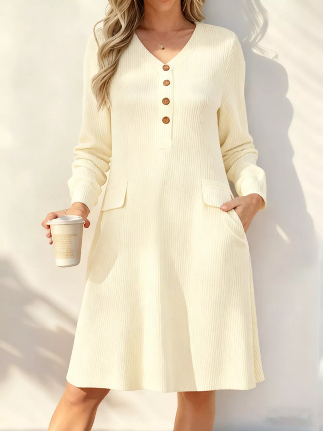 Trendsi Full Size Ribbed Knit V-Neck Dress Plus Size -