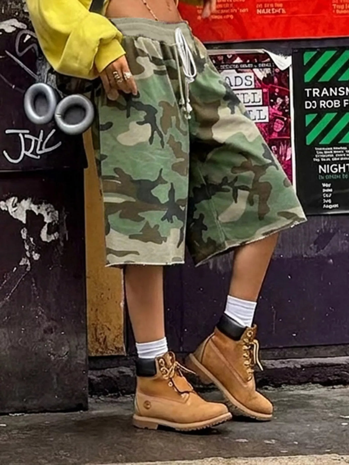 Camouflage Drawstring Shorts in green, front view
