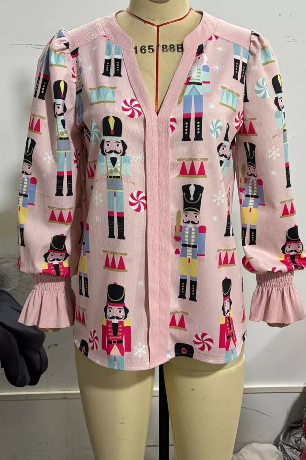 Trendsi Nutcracker Print Notched Flounce Sleeve Blouse -