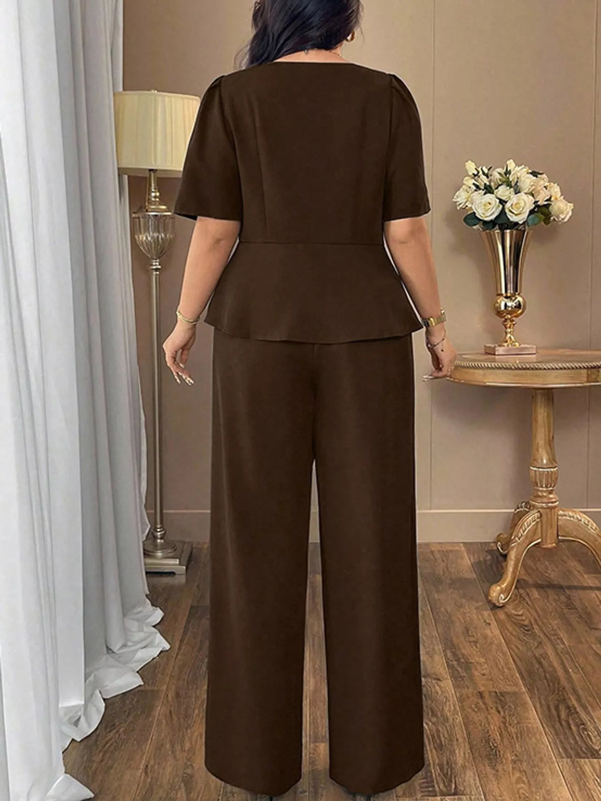 Peplum top and pants set, brown back