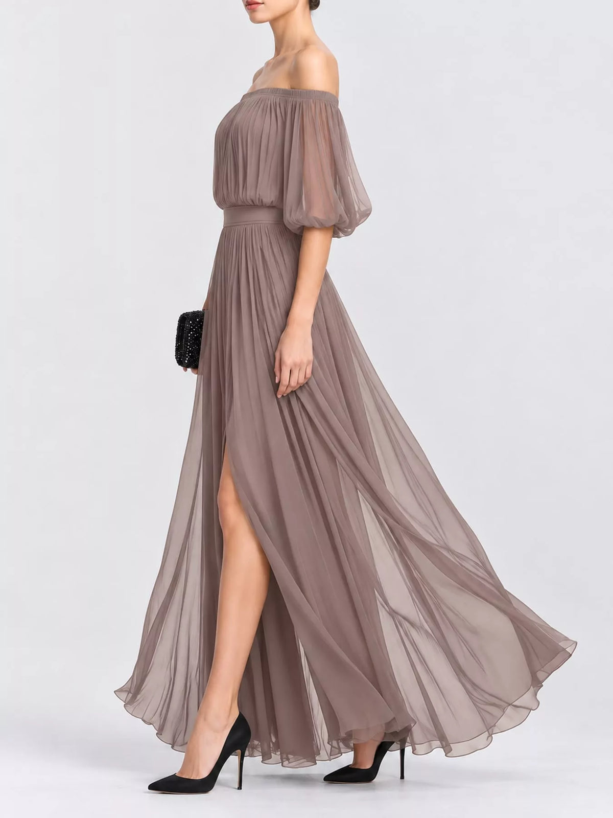 Taupe off shoulder ruched chiffon maxi dress, side view