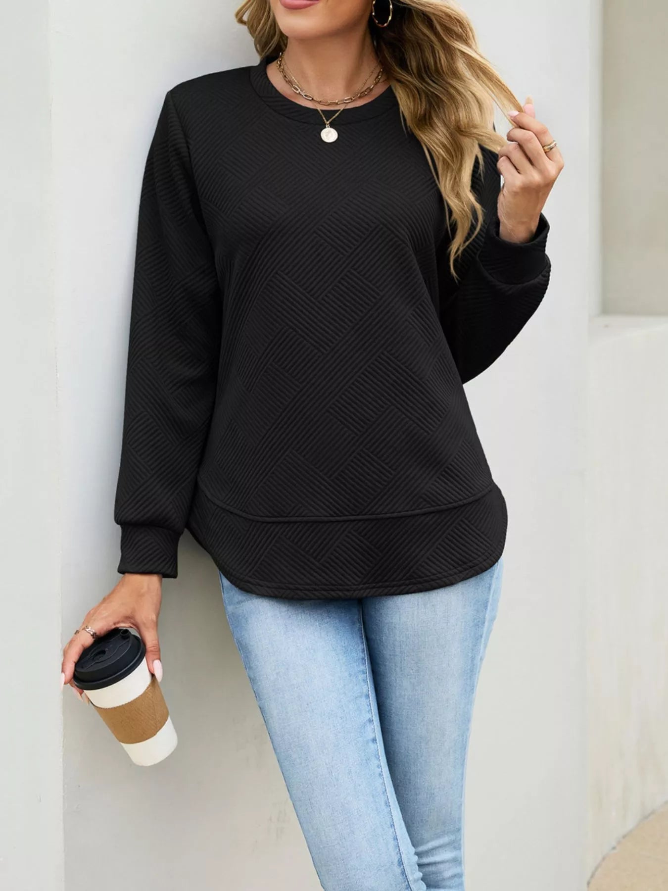 Trendsi Textured Crew Neck Sweatshirt -