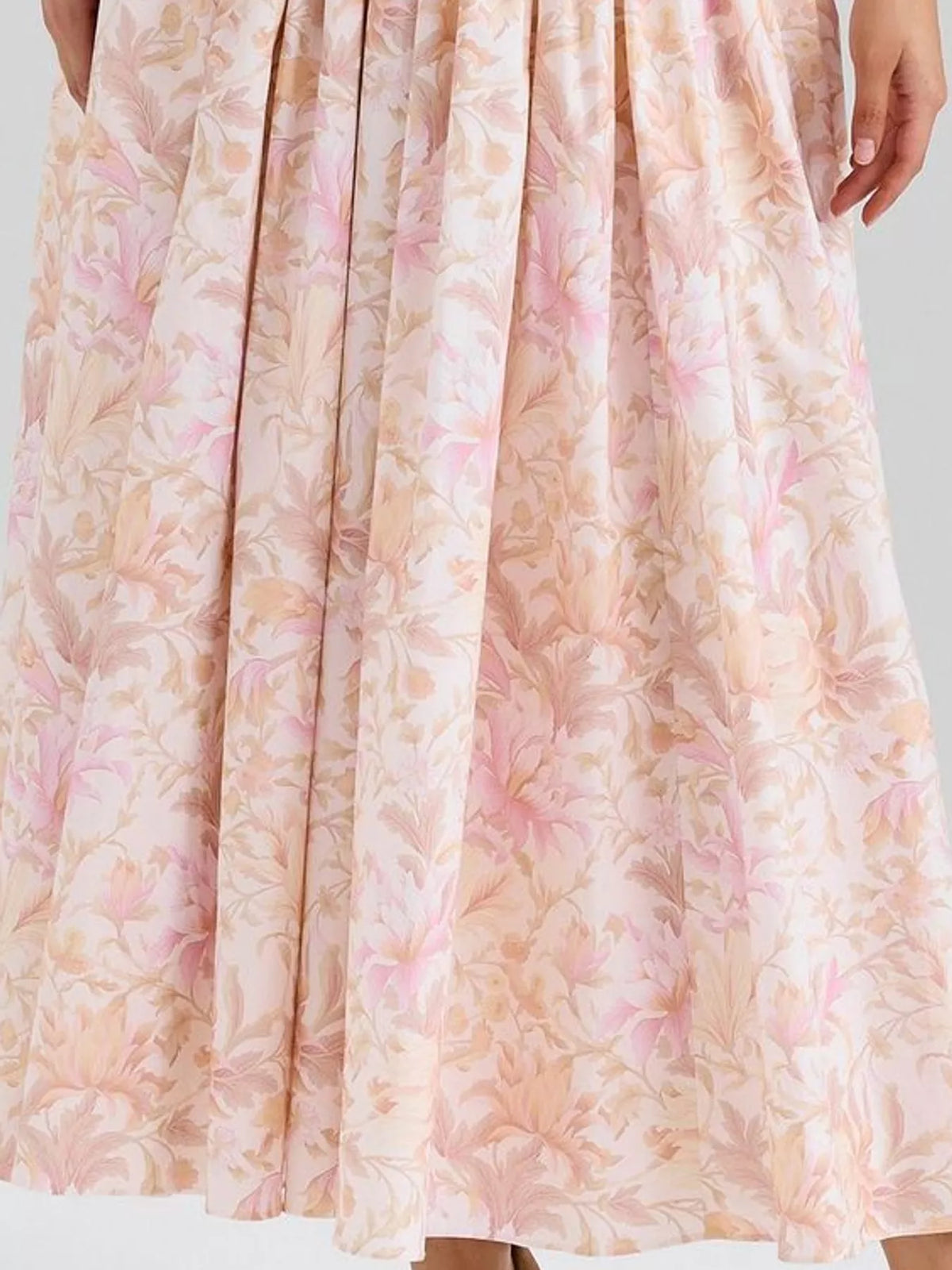 Women's Paneled Bodice Gathered Midi Dress in peach floral — print detail view