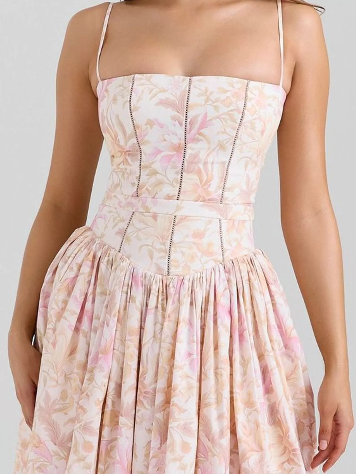 Women's Paneled Bodice Gathered Midi Dress in peach floral — bodice detail view