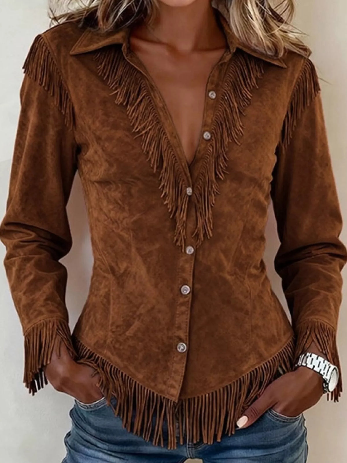 Fringe-detail shirt, brown front
