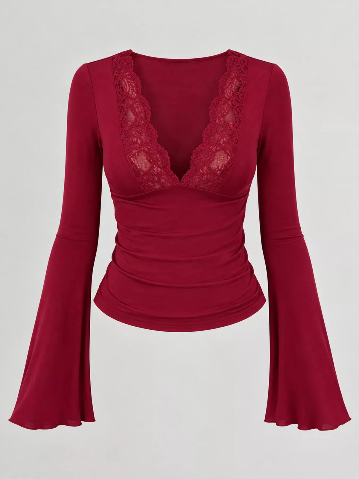 Burgundy lace trim v-neck long sleeve slim fit t-shirt