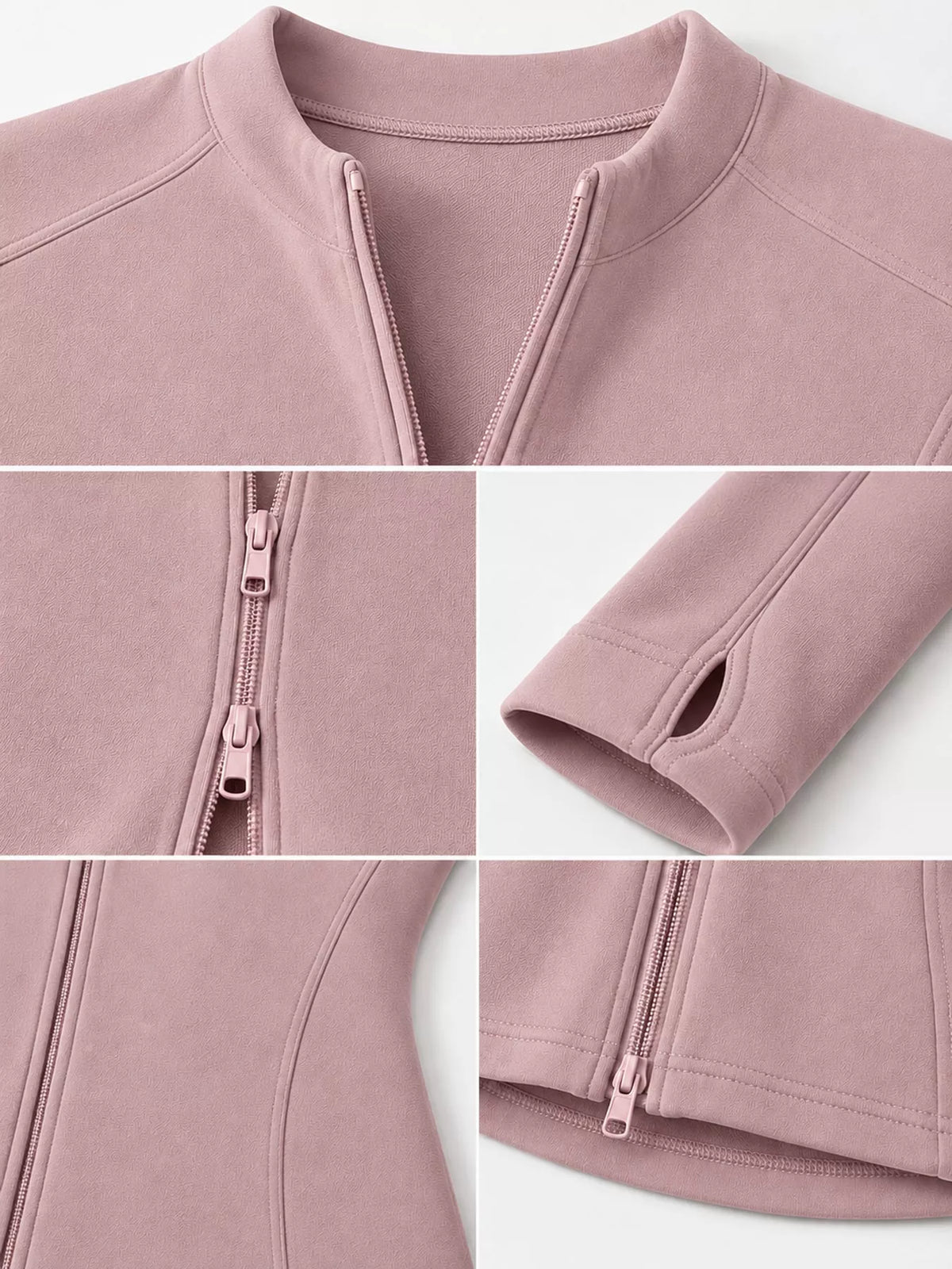 Pink slim-fit zip-up long sleeve jacket — design and construction details