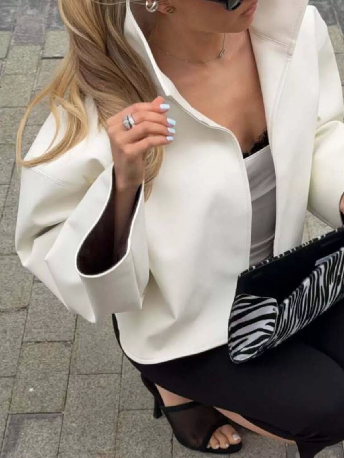 Mandarin neck long sleeve blazer, front view on model